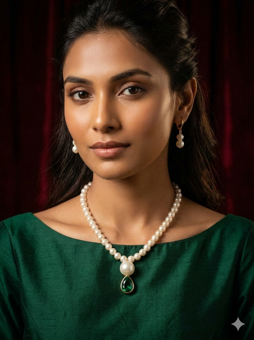 Classic Pearl Necklace with Emerald Drop