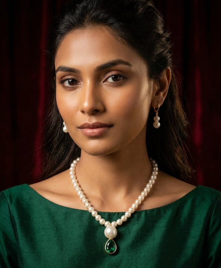 Classic Pearl Necklace with Emerald Drop