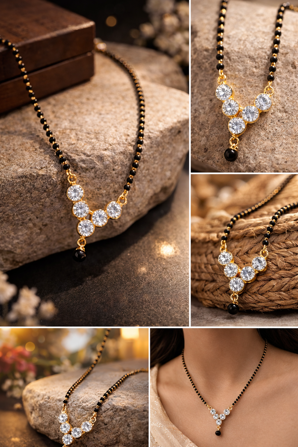 Stylish Black Beaded Mangalsutra Necklace with Sparkling Crystal Design