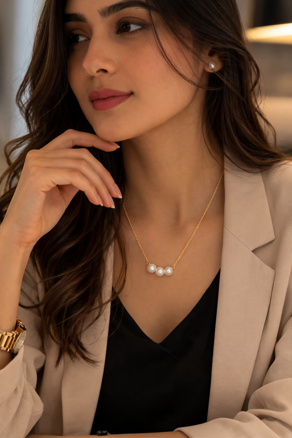 Minimalist Triple Pearl Pendant Necklace – Stylish Daily Wear Chain