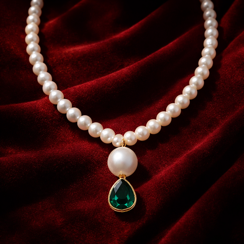 Classic Pearl Necklace with Emerald Drop