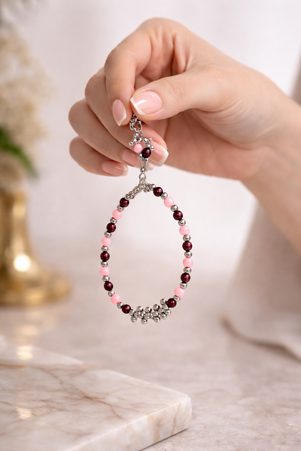 Trendy Pink & Silver Beaded Bracelet for Women