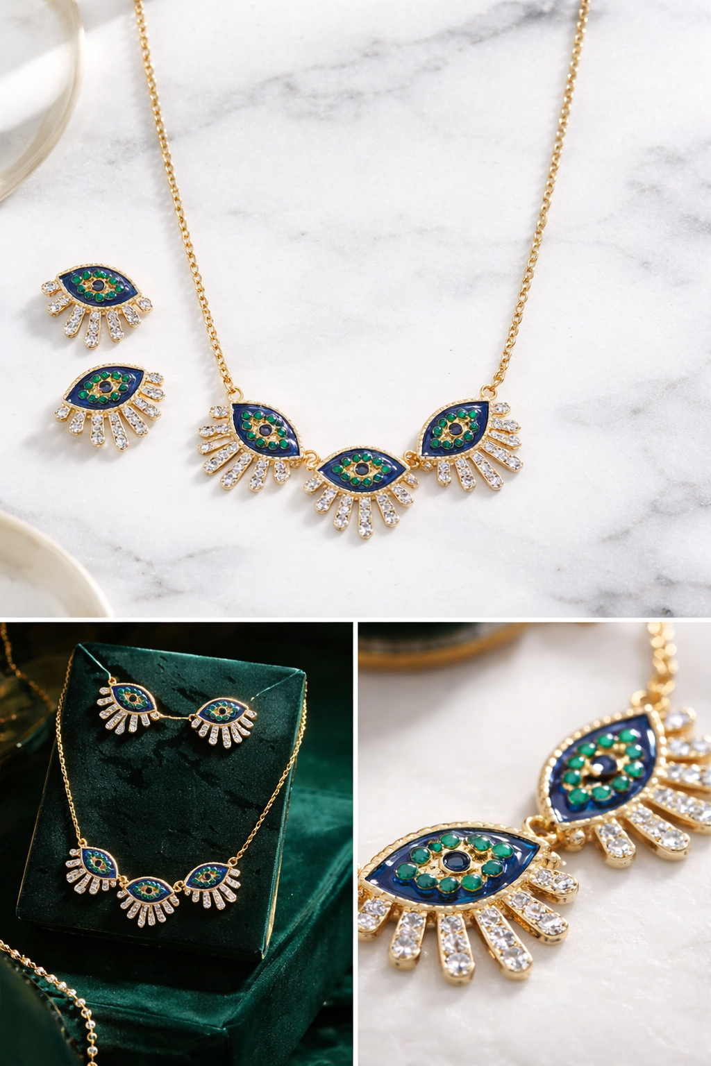 Evil Eye Necklace Set  Blu/Green/Crystal
