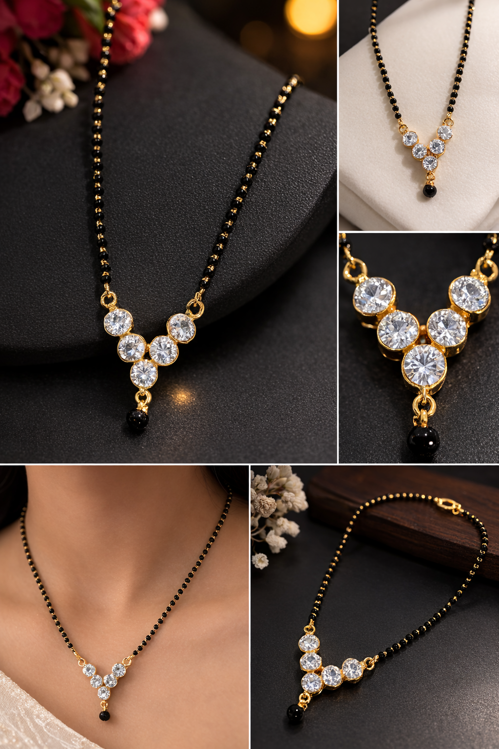 Stylish Black Beaded Mangalsutra Necklace with Sparkling Crystal Design